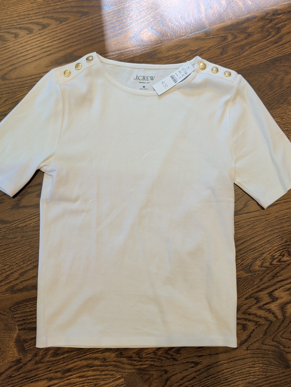 NWT J. Crew White Short-Sleeve Top with Gold Shoulder Buttons